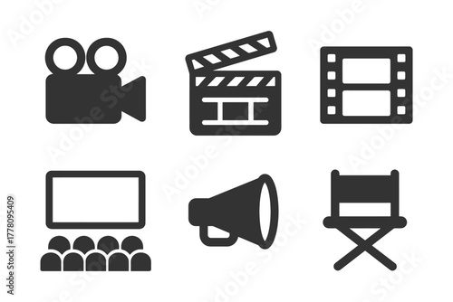 Cinema icons collection: camera, clapperboard, film reel, audience, megaphone, director's chair.