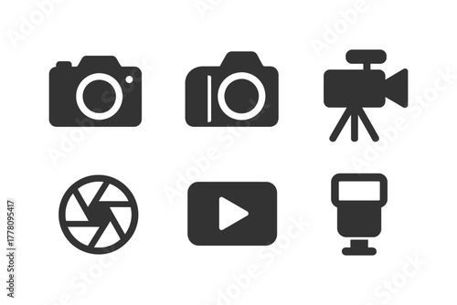 Icon set of camera equipment: dslr, tripod, lens, play button, flash.