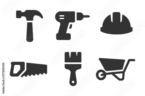 Silhouette icon set of construction tools: hammer, drill, helmet, saw, paintbrush, wheelbarrow.