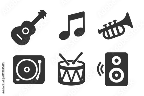 Musical instruments and notes icons set in black and white.