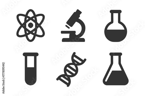 Black scientific icons: atom, microscope, flask, test tube, dna.