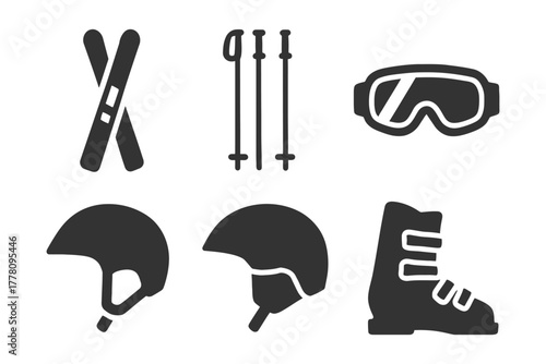 Icon set of ski equipment: skis, poles, helmet, goggles, boot.