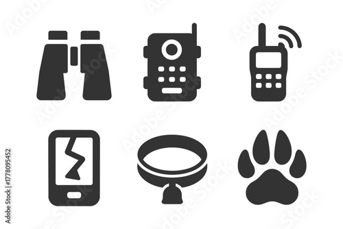 Collection of black icon silhouettes of binoculars, walkie talkie, and other tools.