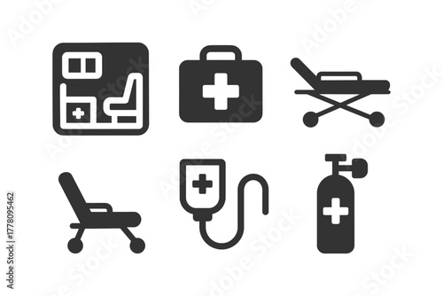 Medical equipment icons set featuring first aid and emergency symbols.