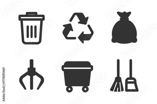 Waste management icons: trash bin, recycling, garbage bag, claw, dumpster, brooms.