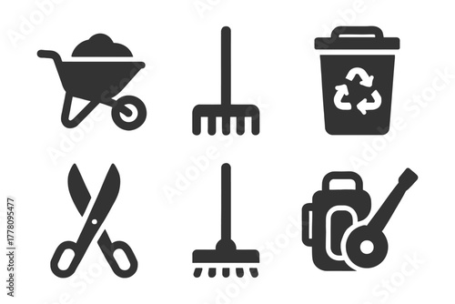 Gardening tools and recycling icon set.
