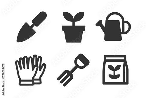 Gardening tool icons: trowel, plant, watering can, gloves, fork, fertilizer.