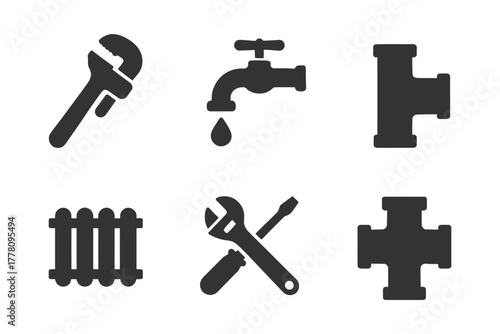 Plumbing tool icons: wrench, faucet, pipes, radiator, cross.