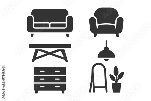 Minimalist furniture icons set: sofa, armchair, table, lamp, dresser, mirror, plant.