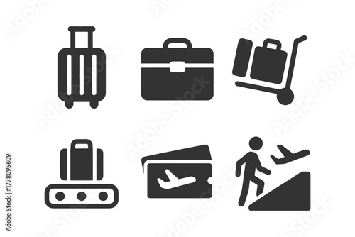 Travel icons: luggage, boarding pass, and plane departure symbols.