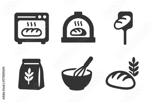 Bread baking icons set: oven, mixer, dough, ingredients, tools.