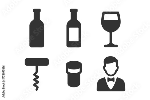 Wine icons set: bottles, glass, corkscrew, stopper, male sommelier silhouette.