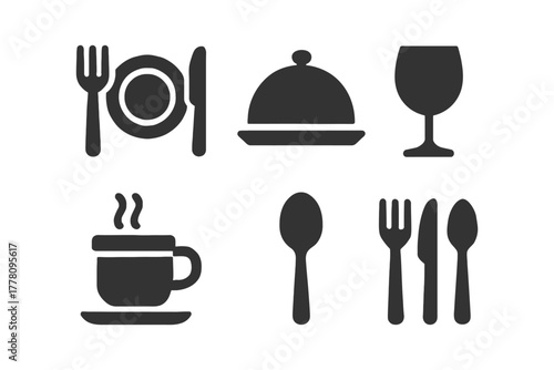 Collection of black silhouette dining icons for cutlery and tableware.