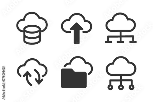 Minimalist cloud computing icons: storage, upload, network, sync, folder, diagram.