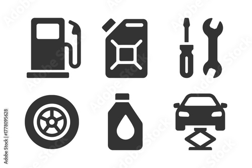 Automotive icons: fuel pump, oil canister, tools, tire, motor oil, car lift.