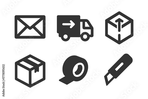 Mail and shipping icons: envelope, truck, package, tape, cutter.