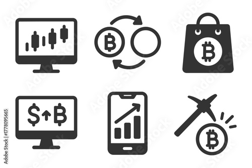 Cryptocurrency icons for trading and mining with bitcoin symbols.
