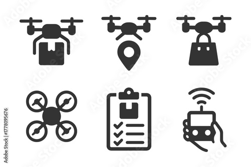 Drone delivery icons set: package, location, remote control, and checklist.