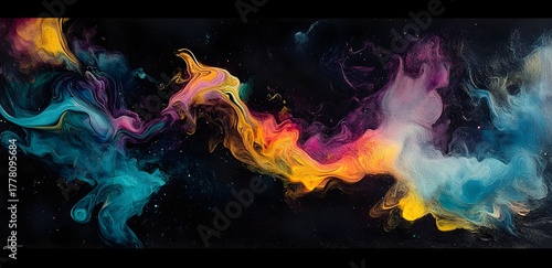 Colorful digital smoke swirling on a deep black background.