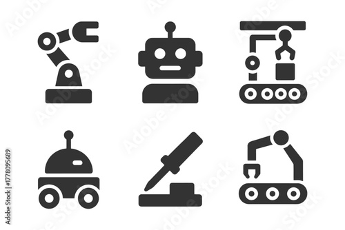 Collection of robotics icons: robot, conveyor, arm, automation symbols.