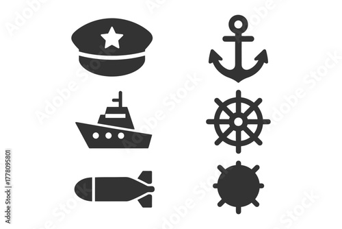 Nautical icons: captain hat, anchor, ship, wheel, torpedo, mine.
