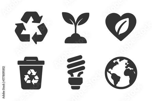 Eco icons: recycling, sustainability, and earth conservation symbols.