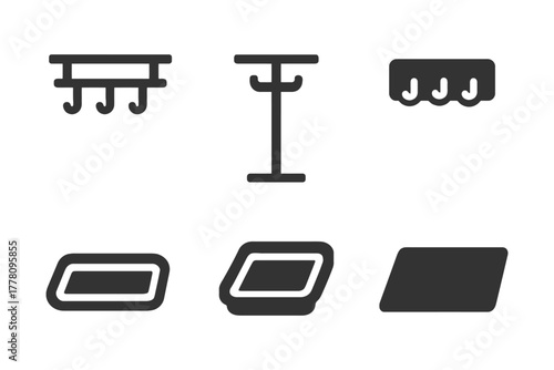 Set of simple black and white household hooks and trays icons.
