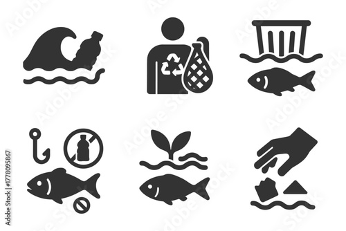 Environmental icons highlighting marine conservation and plastic pollution awareness.
