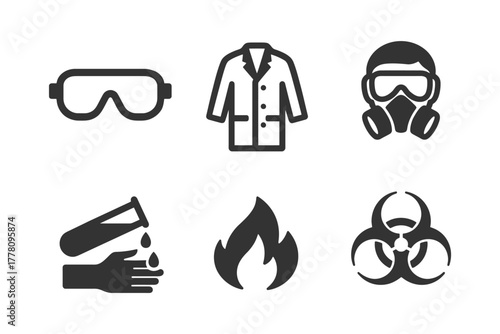 Safety symbols: goggles, lab coat, gas mask, test tube, flame, biohazard icon set.