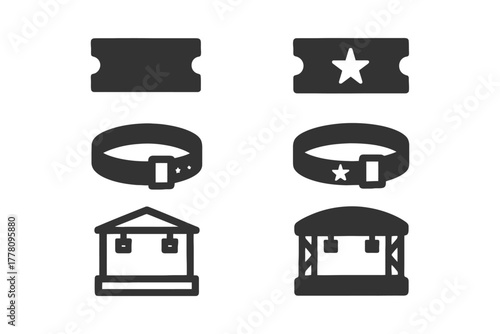 Icon set: tickets, dog collars, swings, and stages in black and white.