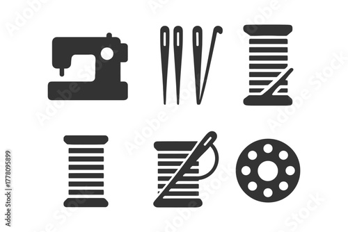 Sewing tools icons: machine, needles, threads, bobbin.