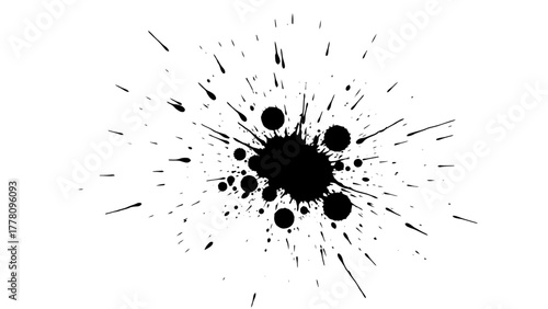 A black ink splatterburst on a white background