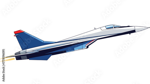 A blue and white fighter jet in flight with exhaust trails