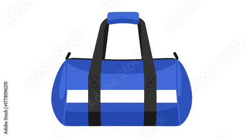 A blue duffel bag with black straps and white stripes