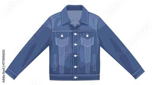 A blue denim jacket with white buttons and pockets