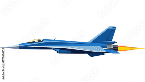 A blue fighter jet with exhaust flames streaks across a white background