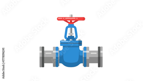 A blue gate valve with a red handwheel on a white background