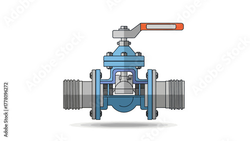A blue industrial valve with a red and gray handle