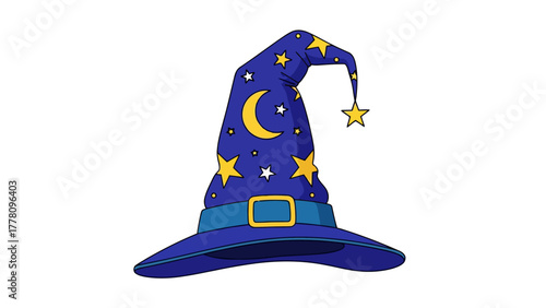 A blue wizard hat adorned with a yellow crescent moon and yellow and white stars