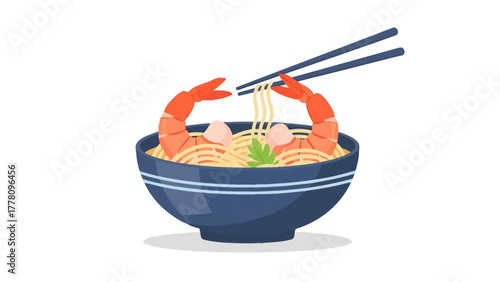 A bowl of noodles with shrimp and chopsticks
