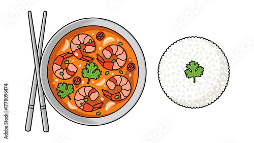 A bowl of Tom Yum Goong soup with chopsticks and a mound of rice