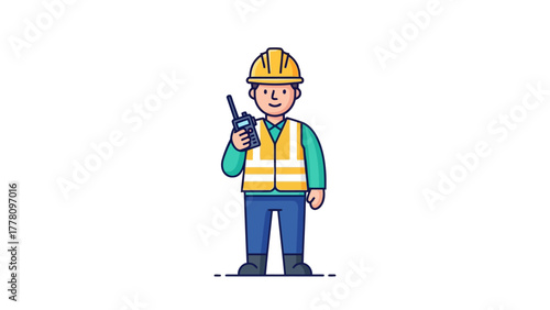 A cartoon construction worker in a yellow hard hat and vest holding a walkietalkie