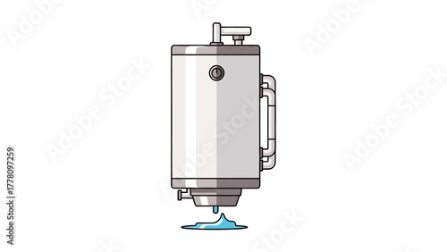 A cartoon illustration of a leaking water heater with water pooling below