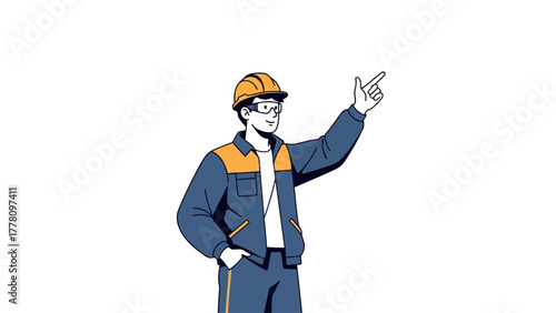 A cartoon man in work clothes points upwards