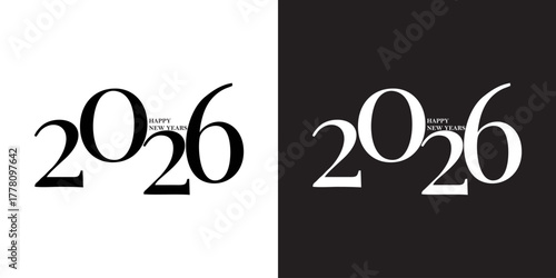 Stylish 2026 new year graphic on white and black backgrounds for festive social media campaigns and creative promotional materials, modern typography