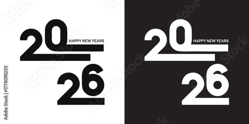 Modern 2026 Happy New Year graphic design, black and white contrasting background, minimalist style for festive season promotions and celebrations artwork
