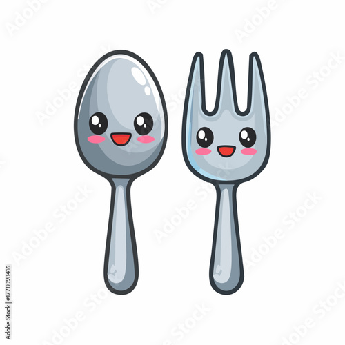 Adorable cartoon fork and spoon pair, perfect for adding a touch of whimsy to your project or design with cute smiling faces and charming character
