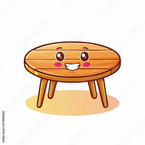 Adorable cartoon picnic table smiling brightly with cute kawaii face, perfect for summer fun, picnics, and outdoor dining promotions, originally a vector graphic