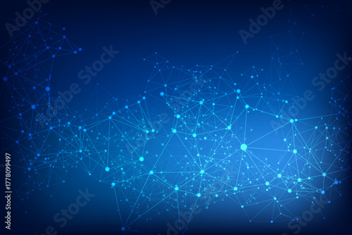 Networking visualization. Big data cloud scientific concept. Network nodes plexus dark blue background. Dots nodes points lines particles. Molecule, atoms or neurons.