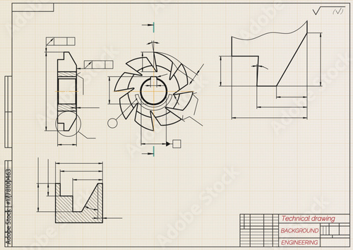 Mechanical engineering drawings on light background. Cutting tools, milling cutter. Technical Design. Cover. Blueprint. Horizontal seamless pattern. Vector illustration.